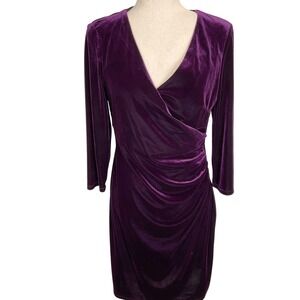 Chaps Dress Womens 8 Purple Velvet Faux Wrap Bodycon Ruched Sexy Shimmer Stretch